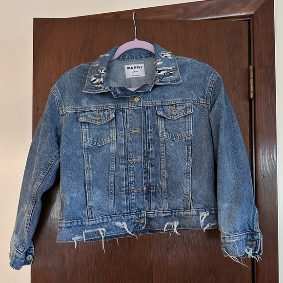 Up cycle denim jacket distressed petite old navy XS animal print leopard jean - Picture 3 of 11